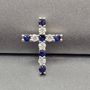 Sterling Silver Blue Crystal Cross Pendant Religious Signed Sun BR